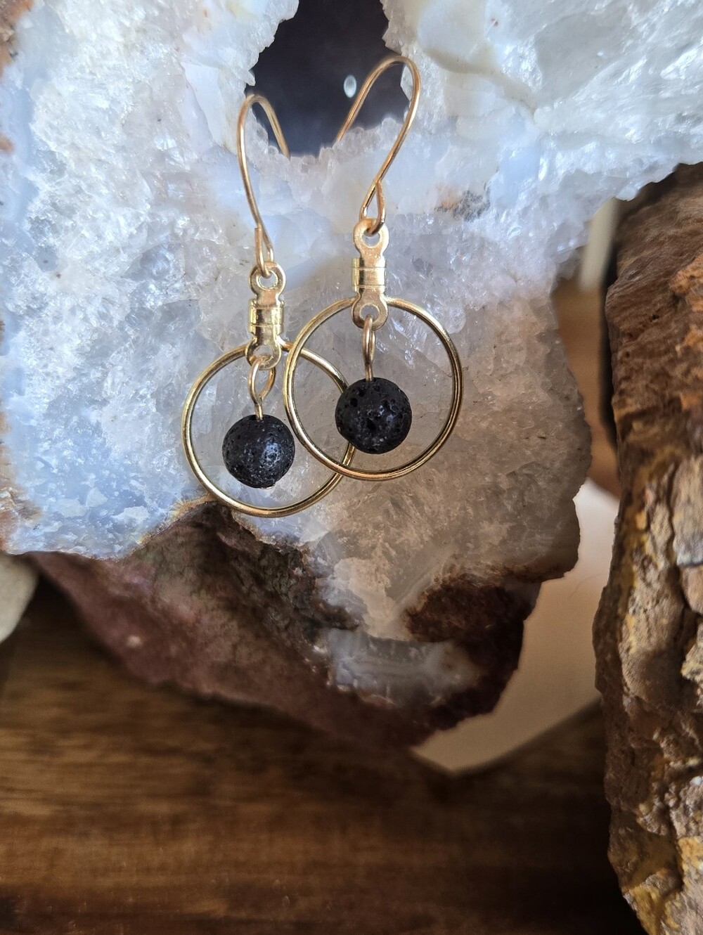 Gold Hoop Drop Earrings with Black Lava Beads